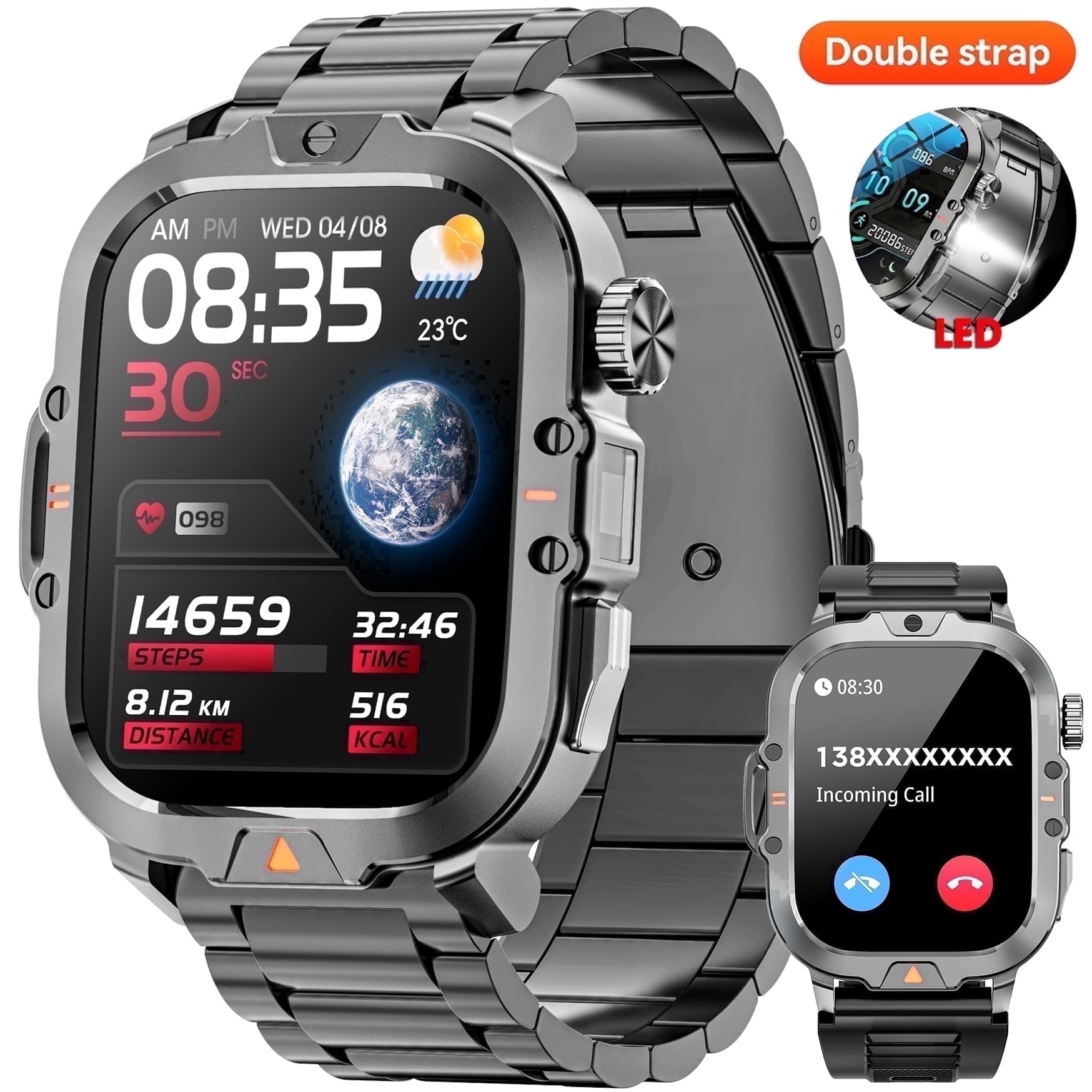 Smartwatch for Men with Fitness Tracker, 2.01-inch Answer/Make Calls/100+ Sport Modes, IP68 Waterproof, men's Military Smartwatch compatible with Android IPhone Devices (Black)