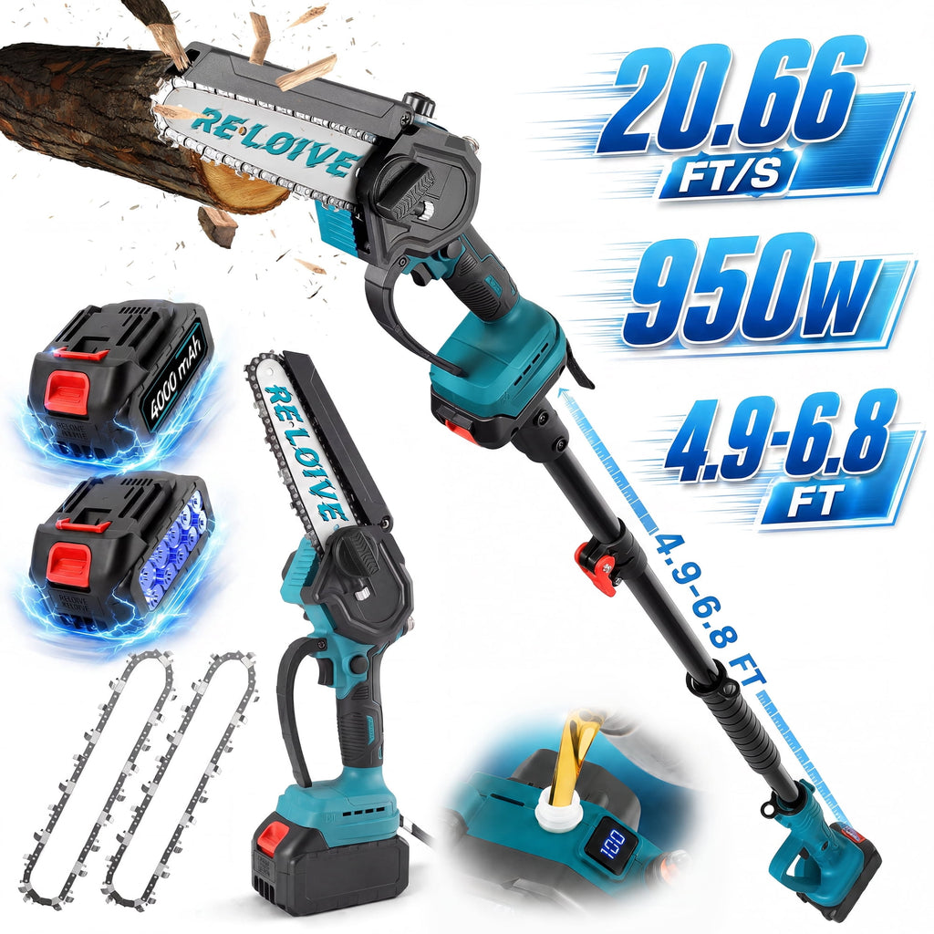 RELOIVE 2-in-1 Cordless Pole Saw & 6" Mini Chainsaw, 4.9-6.8FT Telescoping Branch Cutter with 2PCS 4000mAh Batteries and a Charger, Brushless Pole Saw for Tree Trimming, Wood Cutting