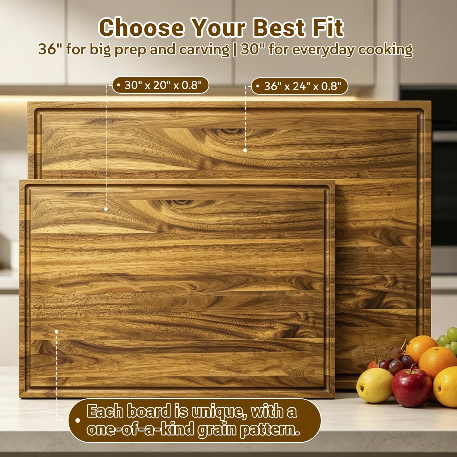 Sentsu Extra Large Acacia Wood Cutting Board with Juice Groove and Handles, 36 x 24 in
